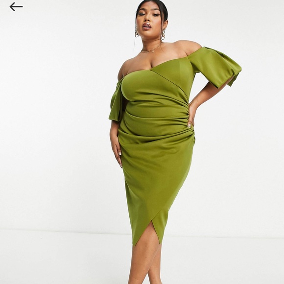 ASOS DESIGN Curve sweetheart off the shoulder midi dress in olive - Picture 2 of 3